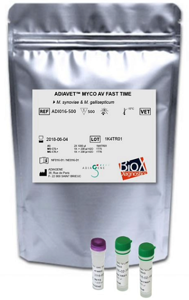 ADI016-500 Тест-система ADIAVET MYCO AV FAST TIME для выявления Mycoplasma synoviae и Mycoplasma gallisepticum у птиц методом real time PCR, 500 реакций, ADIAGENE SAS- КомПродСервис